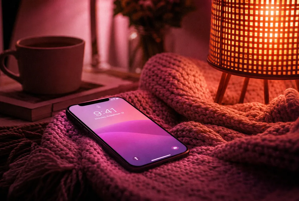 Smartphone auf einer Kuscheldecke bei warmem Licht