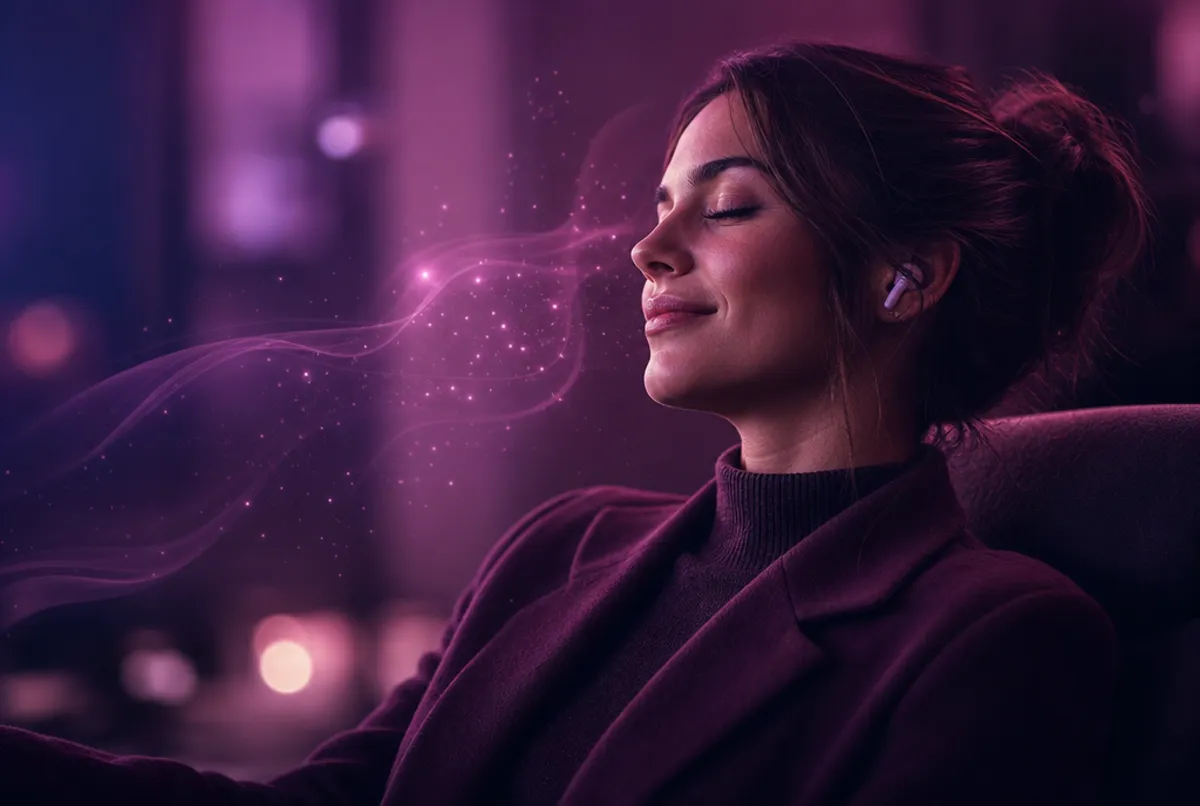 Frau mit Earbuds genießt eine KI-Stimme am Telefon