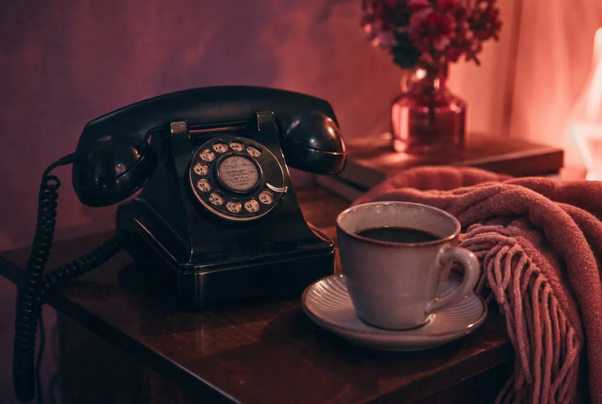 Klassisches Telefon und Kaffee bei warmem Licht – fairer Festpreis